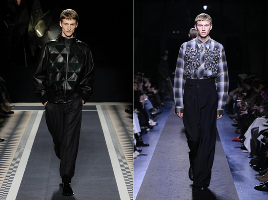 Two male models walk the runway at Paris and Milan Fashion Week 2025, showcasing bold menswear trends—one in a geometric black leather jacket and the other in an embellished plaid shirt with oversized trousers.