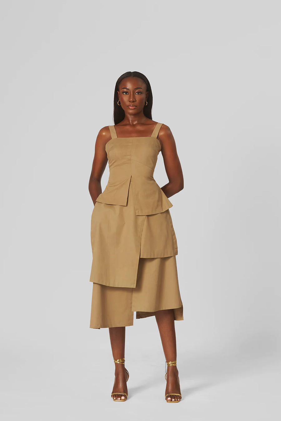 M.O.T Gola Set, Fitted sleeveless top with asymmetrical hemline & Multilayer midi skirt