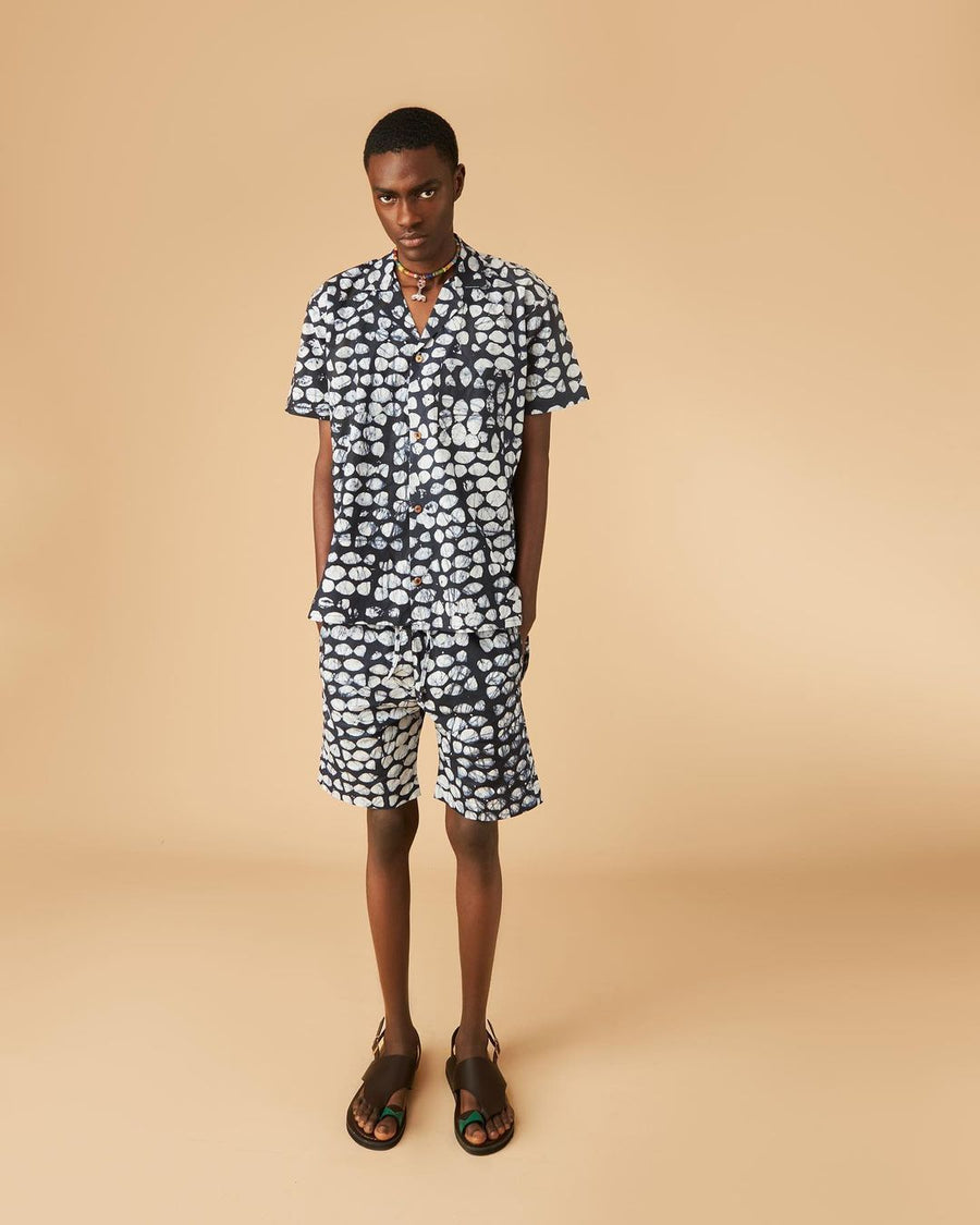 Jaiye Camp-Collar Indigo Batik Shorts Set