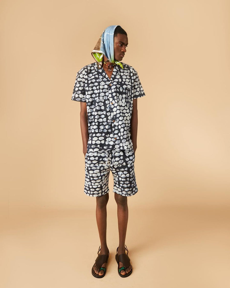 Jaiye Camp-Collar Indigo Batik Shorts Set