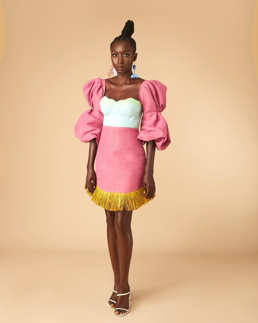 aso oke short dress Lara Color Block Aso-oke and Raffia Mini Dress ADJOAA