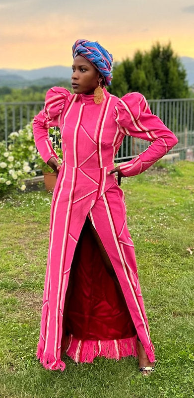 Leona Pink Kente High Slit Long Dress
