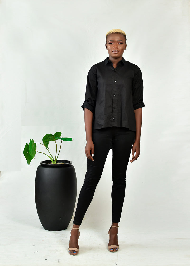 AIMAS Borad Black Cotton Shirt with Embellished Detail