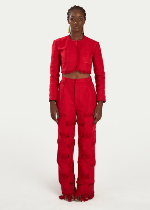 Boyedoe Busumuru II Women's Red Handwoven Cotton Smock Trouser and Shirt set