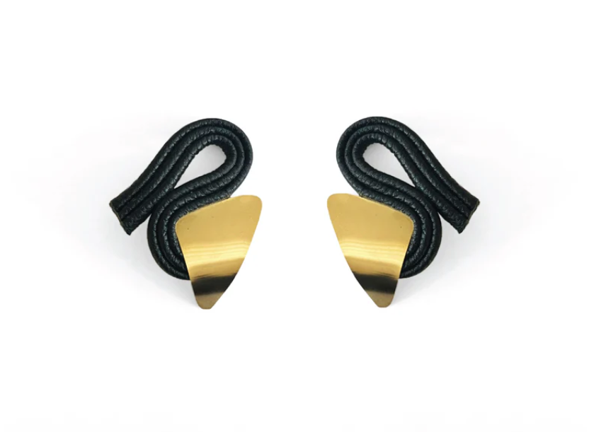 XITA black Evoke earrings with sterling silver ear pins and Leather Offcuts