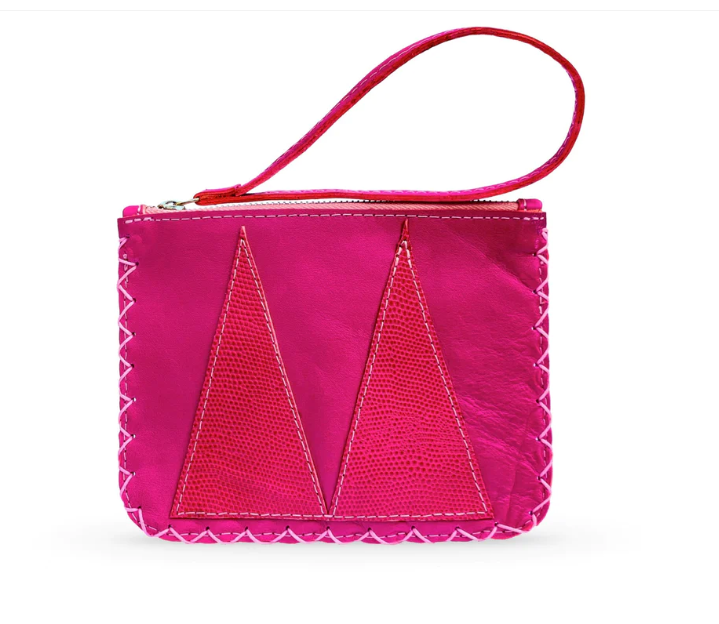 MARTE EGELE PINK VIVIAN FLAT POUCH, Handwoven Cross Stitch Edges Fully lined in Suede