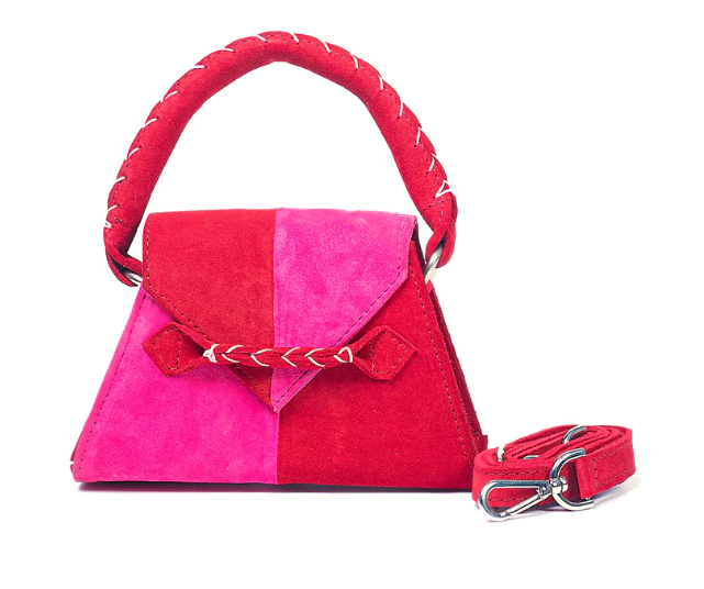 MARTE EGELE RED AND PINK SPLIT TOY ESE Handwoven Top Handle, Front Closure Strip, and magnetic closure Handbag