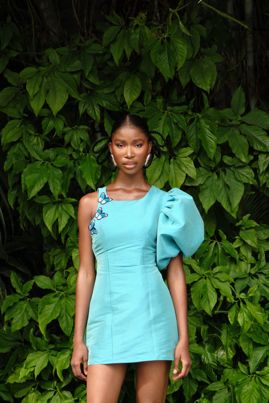 Desiree Iyama Jade Mini Dress with Features an Aline bodice, back invisible zipper, and butterfly embroidery