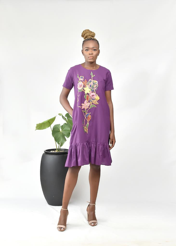 AIMAS Kwassa Purple Embellished Cotton Shift Dress