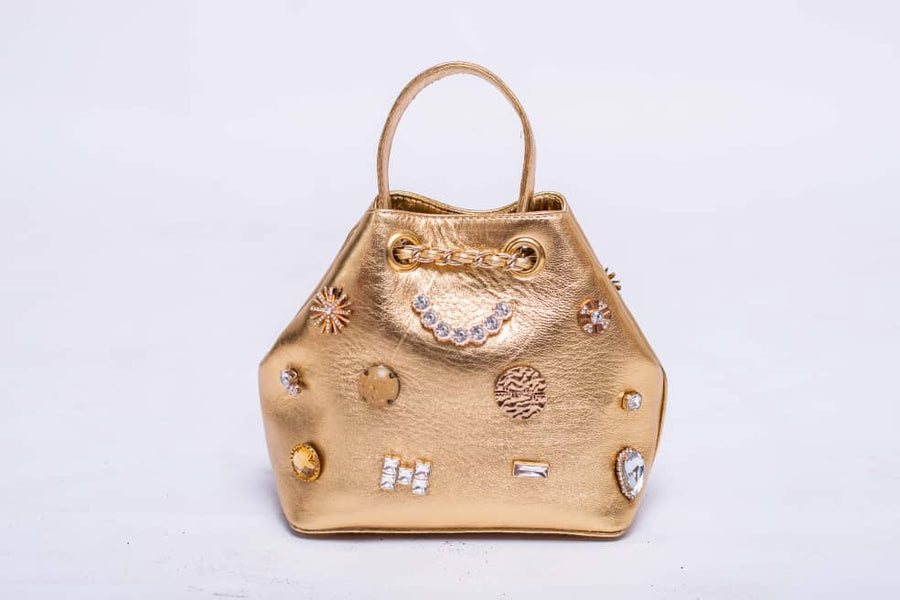 DOT Embellished Gold Leather Bucket Bag