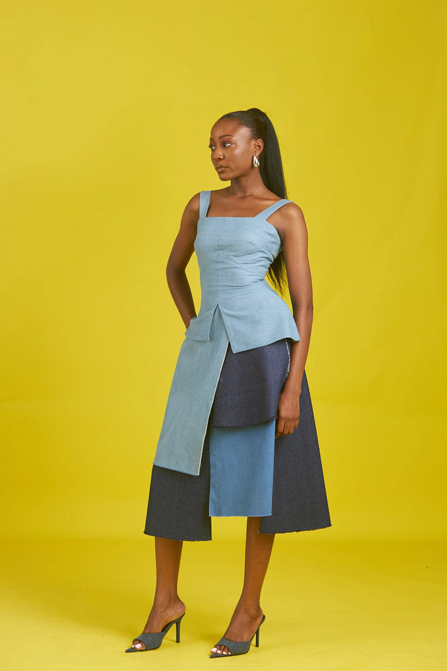 M.O.T Gola denim set, Fitted asymmetrical top with straps and Layered Aline skirt