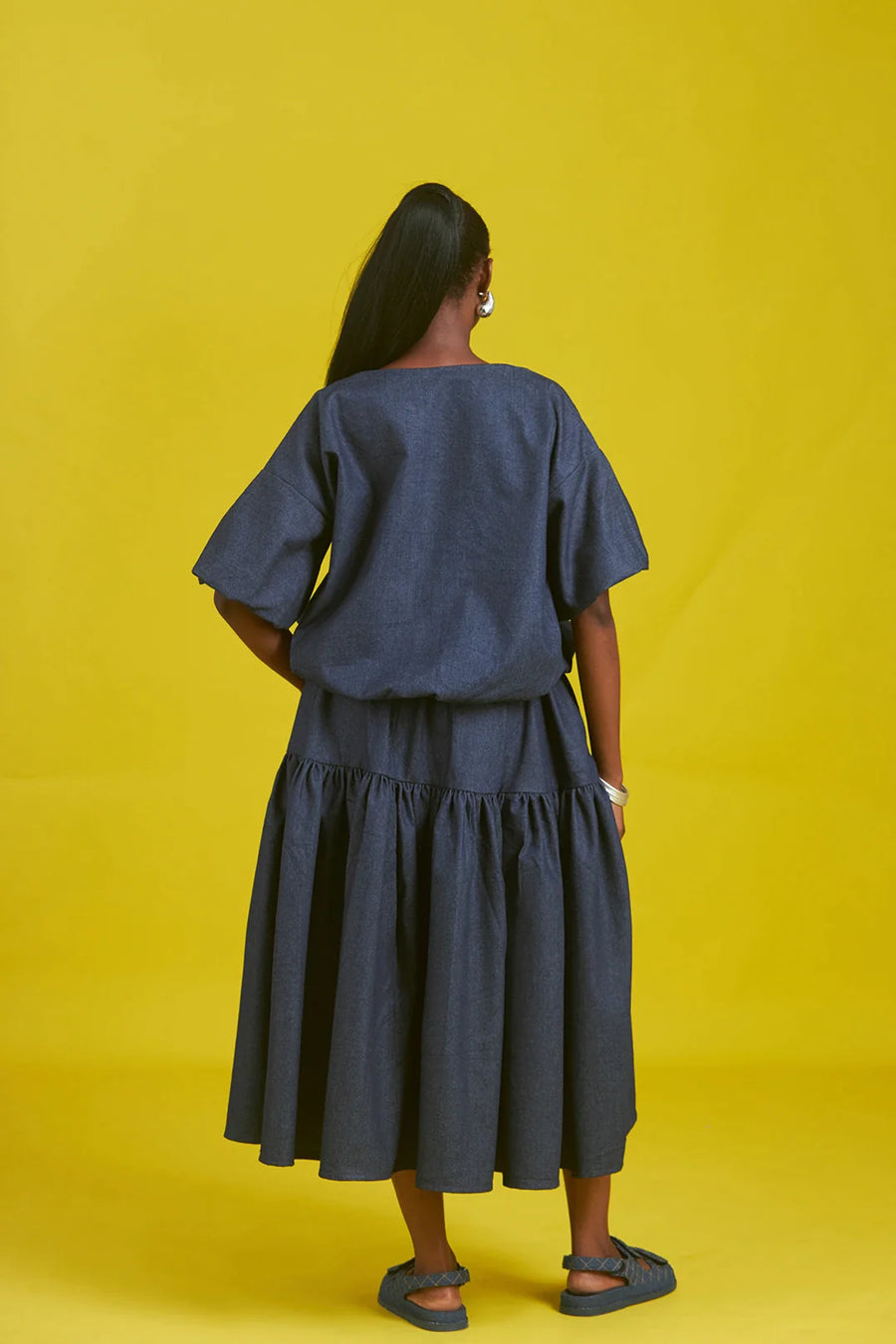 M.O.T Amaka denim skirt set, Short-sleeve bubble jacket, Asymmetric Gathered skirt
