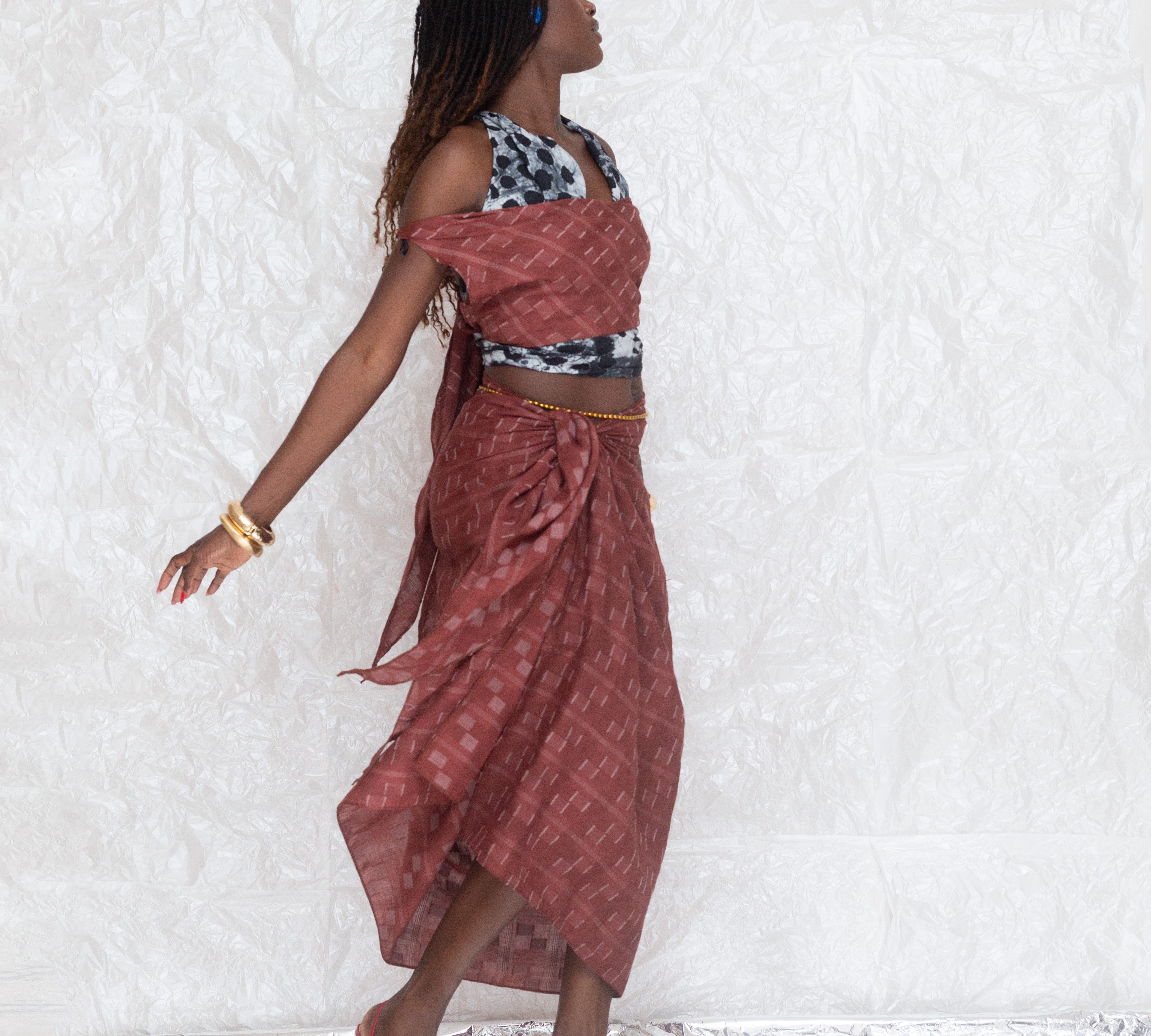 OLOOH Red Cotton Voile Off-Shoulder Draped Top | ADJOAA