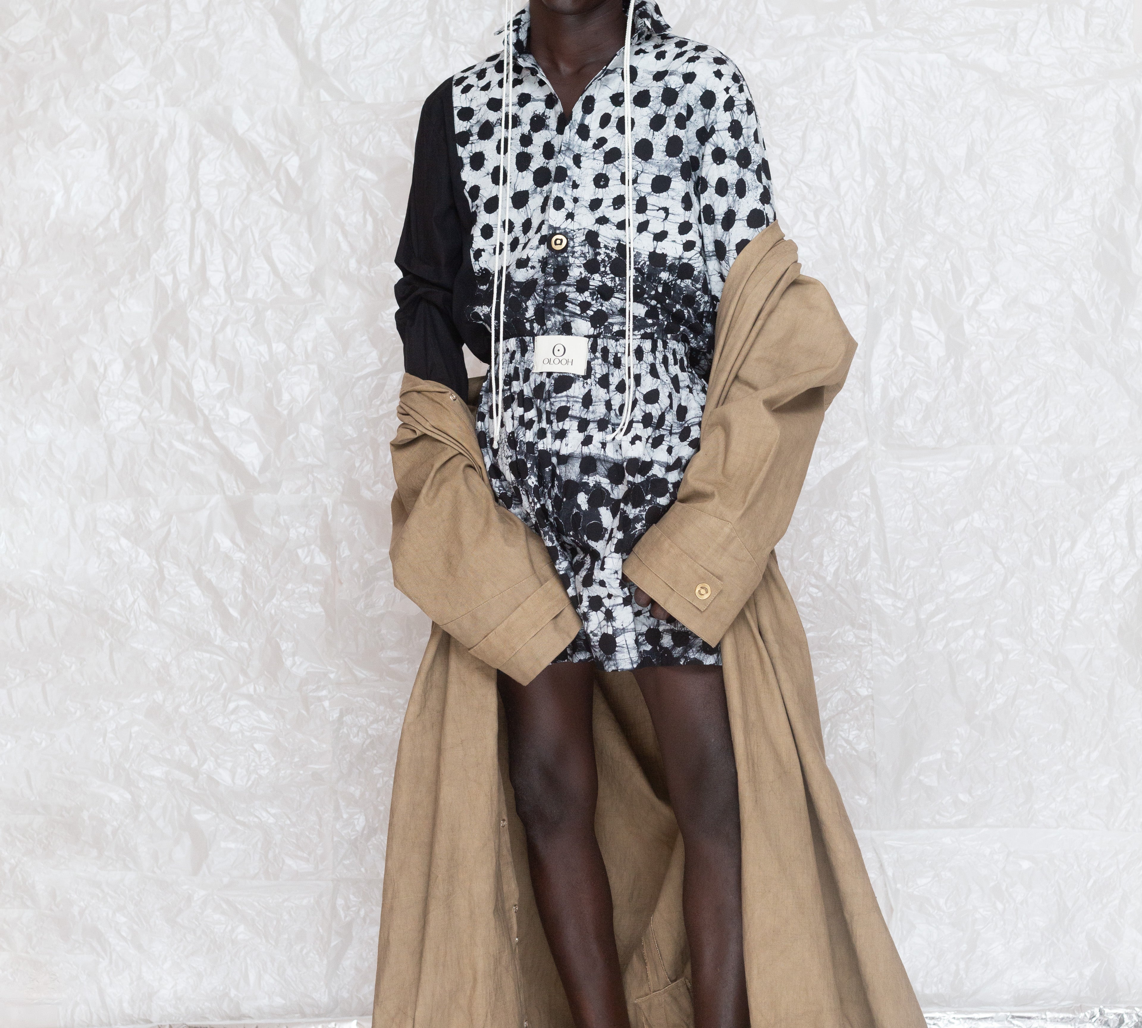 OLOOH Black & White Batik Cotton Shirt with Bronze Buttons | ADJOAA