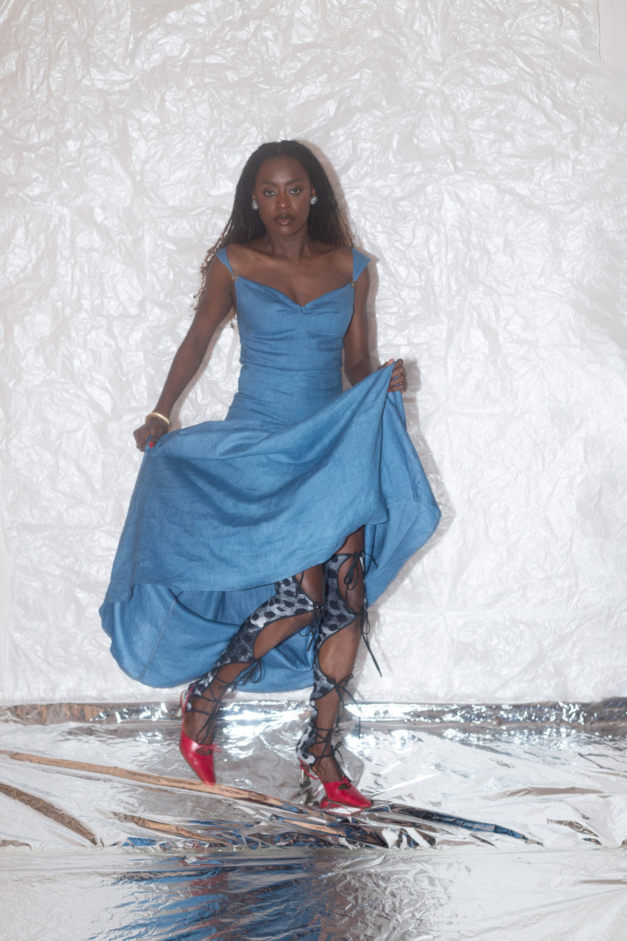 OLOOH Long Blue Linen Dress