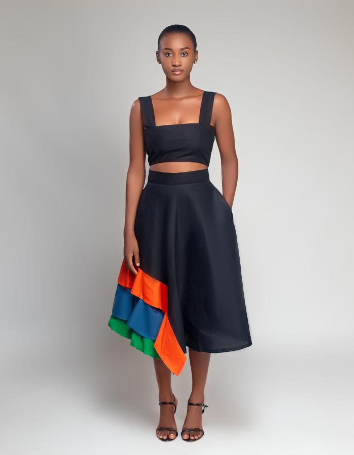 NAIA A crop top paired with a flared skirt, the Mae Skirt set