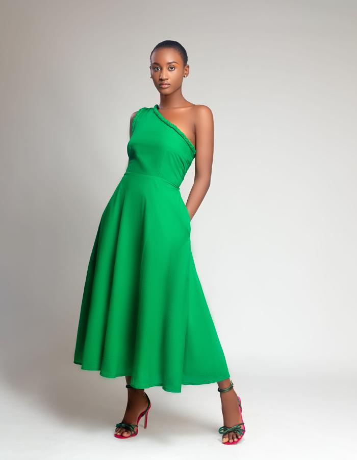 NAIA One shoulder fit and flare midi length Layla Dress – ADJOAA