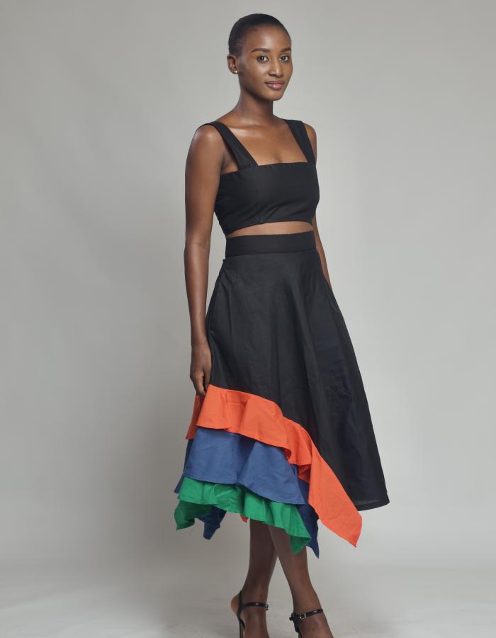 NAIA A crop top paired with a flared skirt, the Mae Skirt set