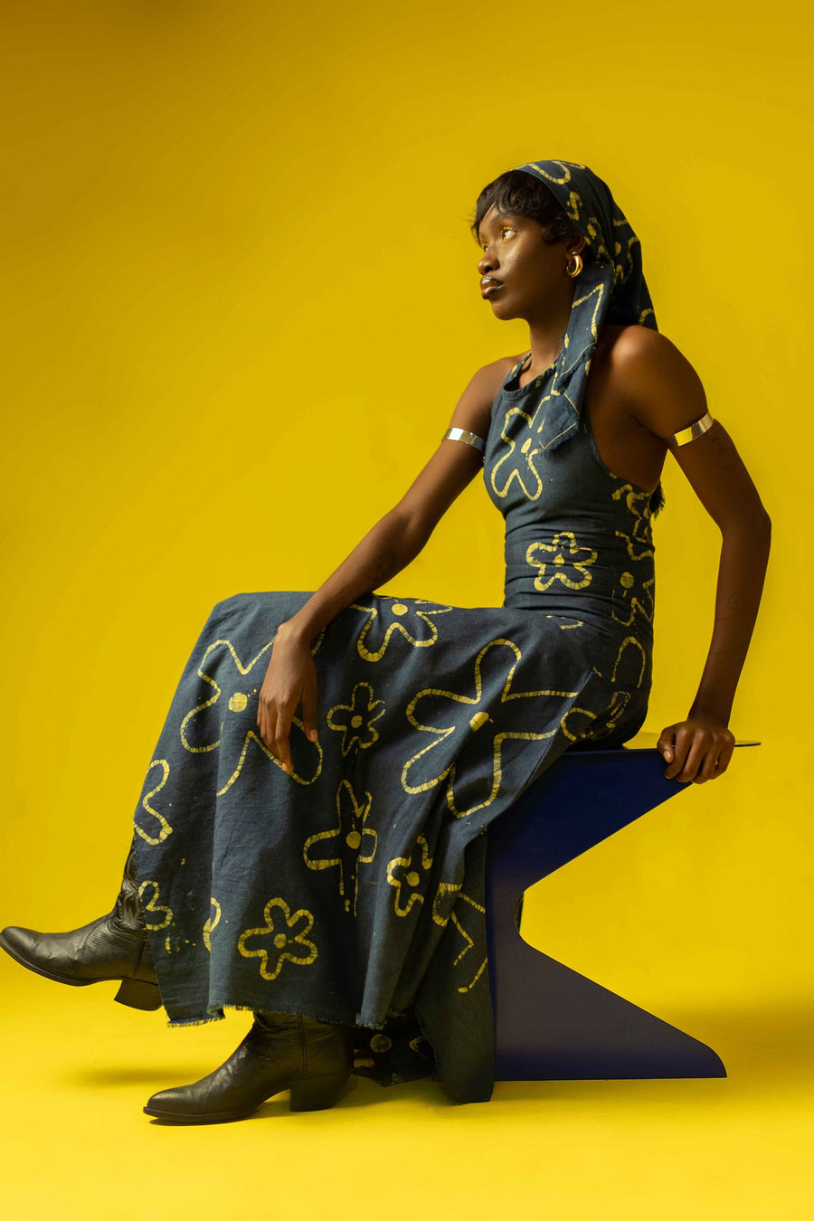 Nyosi Brand Hand Dyed Adire Print Halter with Asymmetric Hem Detail, Adire Dress