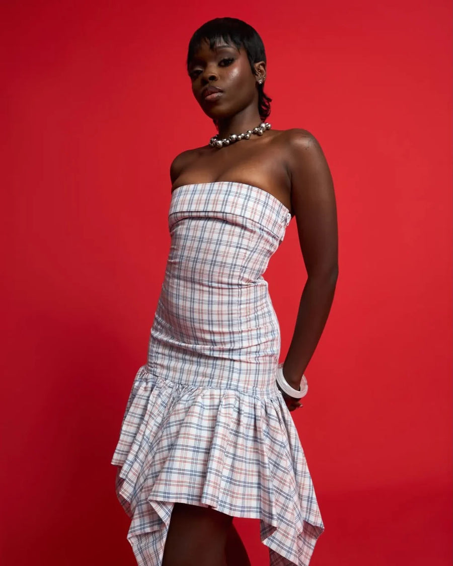 checkered powder blue dress Ivory Afrikaan Luria Light x-launchdate:Aug 25_Drop 2 Ulla Johnson Kiri Tiered-Ruffle Color:Royal Blue and Black The Picnic Princess Blue