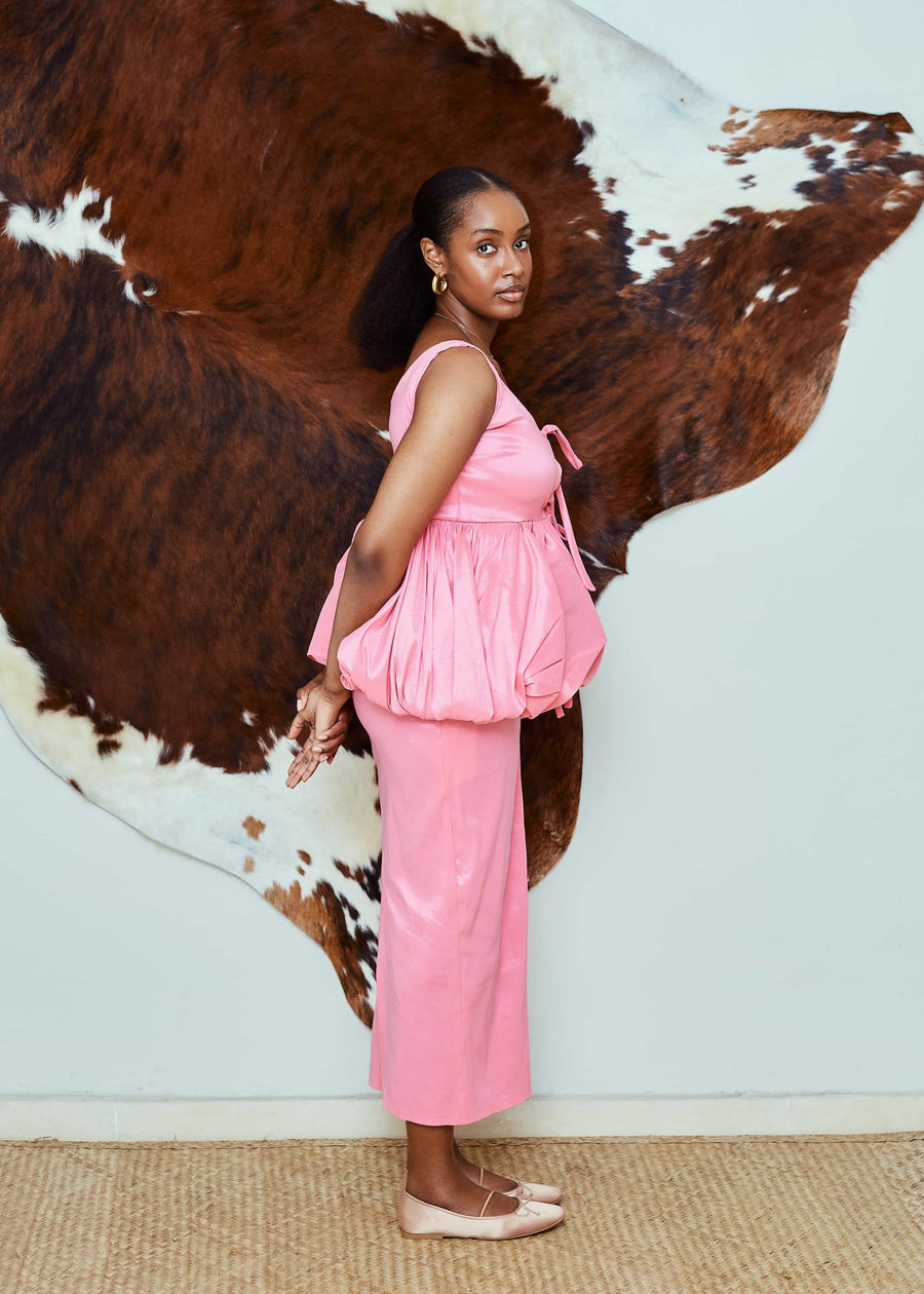 Nyosi Brand Koju, Pink Taffeta Puff Blouse with Matching Maxi Skirt