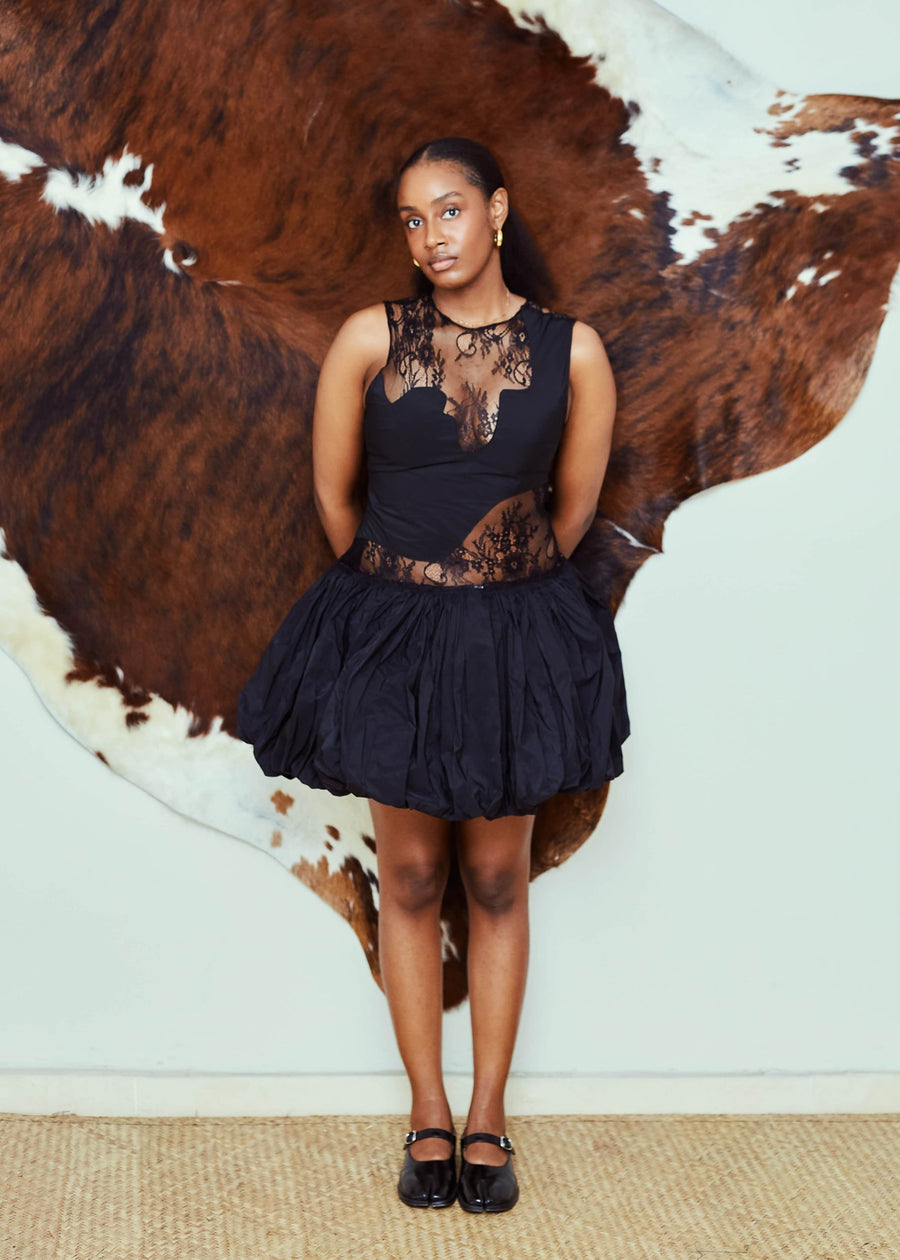 Nyosi Brand Black Taffeta Puffball Dress with Chantilly Lace Cut-Out Cecile Dress