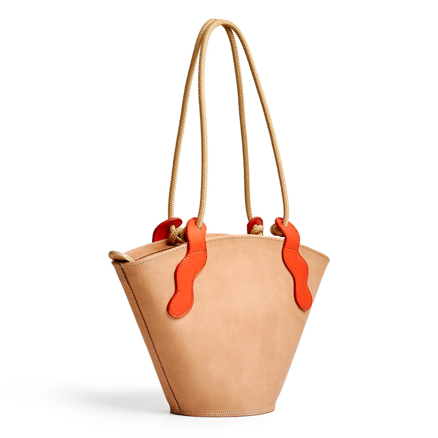 Project Dyad || Almond Color trapeze-shaped cow leather Inner small pocket Rope handle Emele Zipper Bag