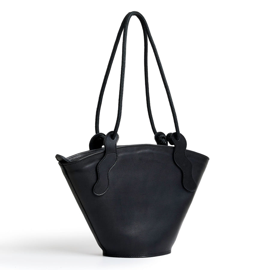 Project Dyad || Black Color trapeze-shaped cow leather Inner small pocket Rope handle Emele Zipper Bag