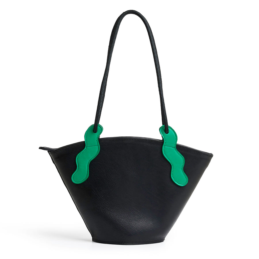 Project Dyad || Black Color trapeze-shaped cow leather Inner small pocket Rope handle Emele Zipper Bag