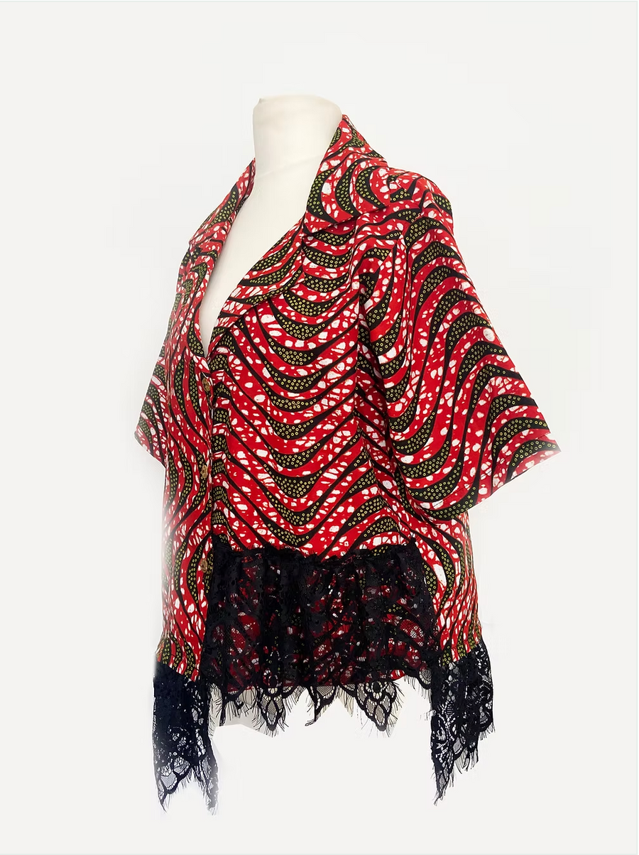 ER-ZUM-AH Victorious Red African Print Lace Shirt