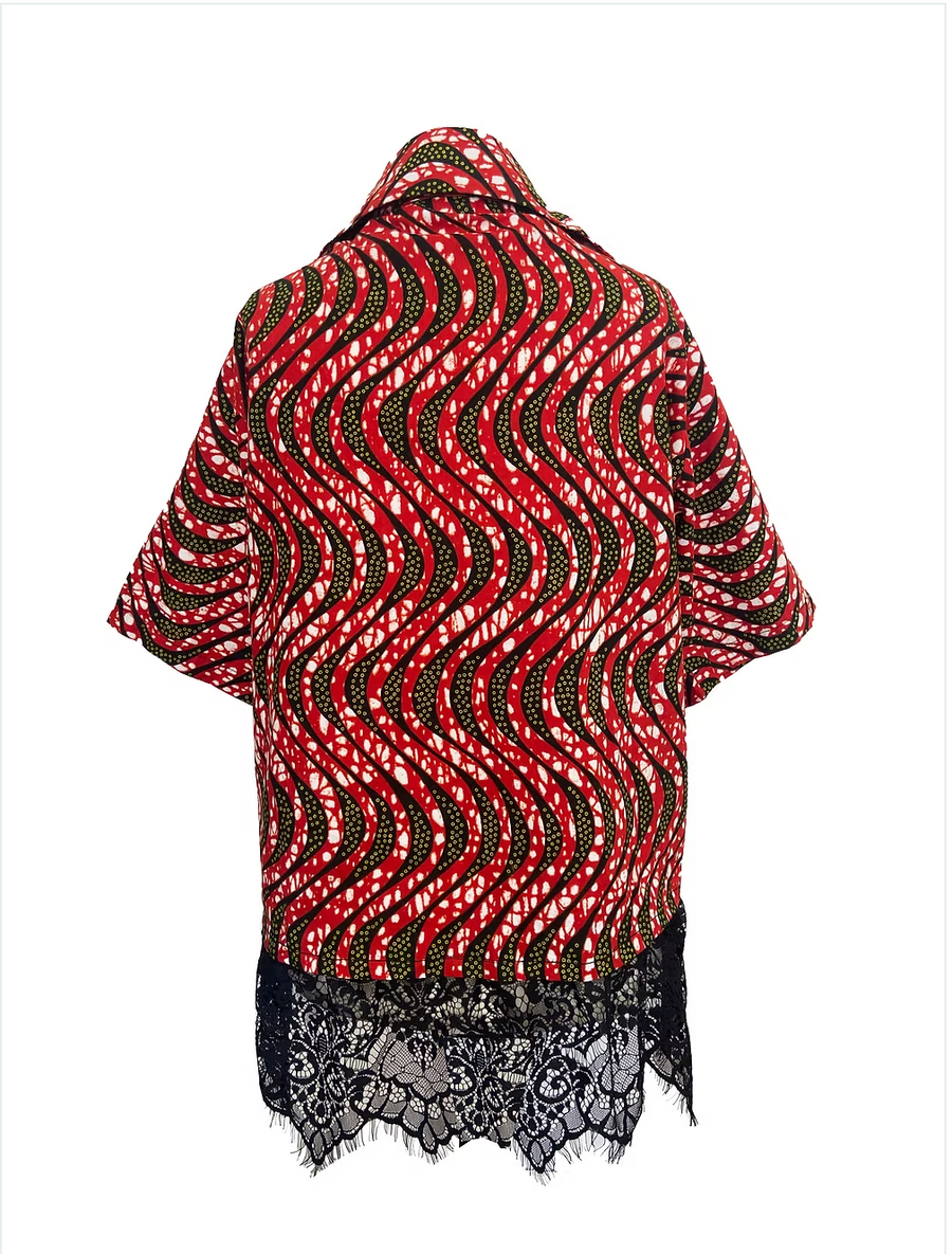 ER-ZUM-AH Victorious Red African Print Lace Shirt