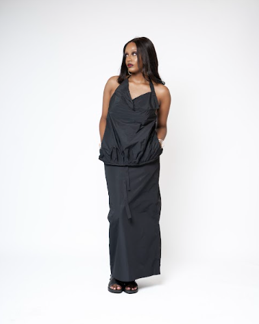 Nyosi Brand Cleo Halter and Skirt Set, Puff Backless Top with Matching Maxi Skirt