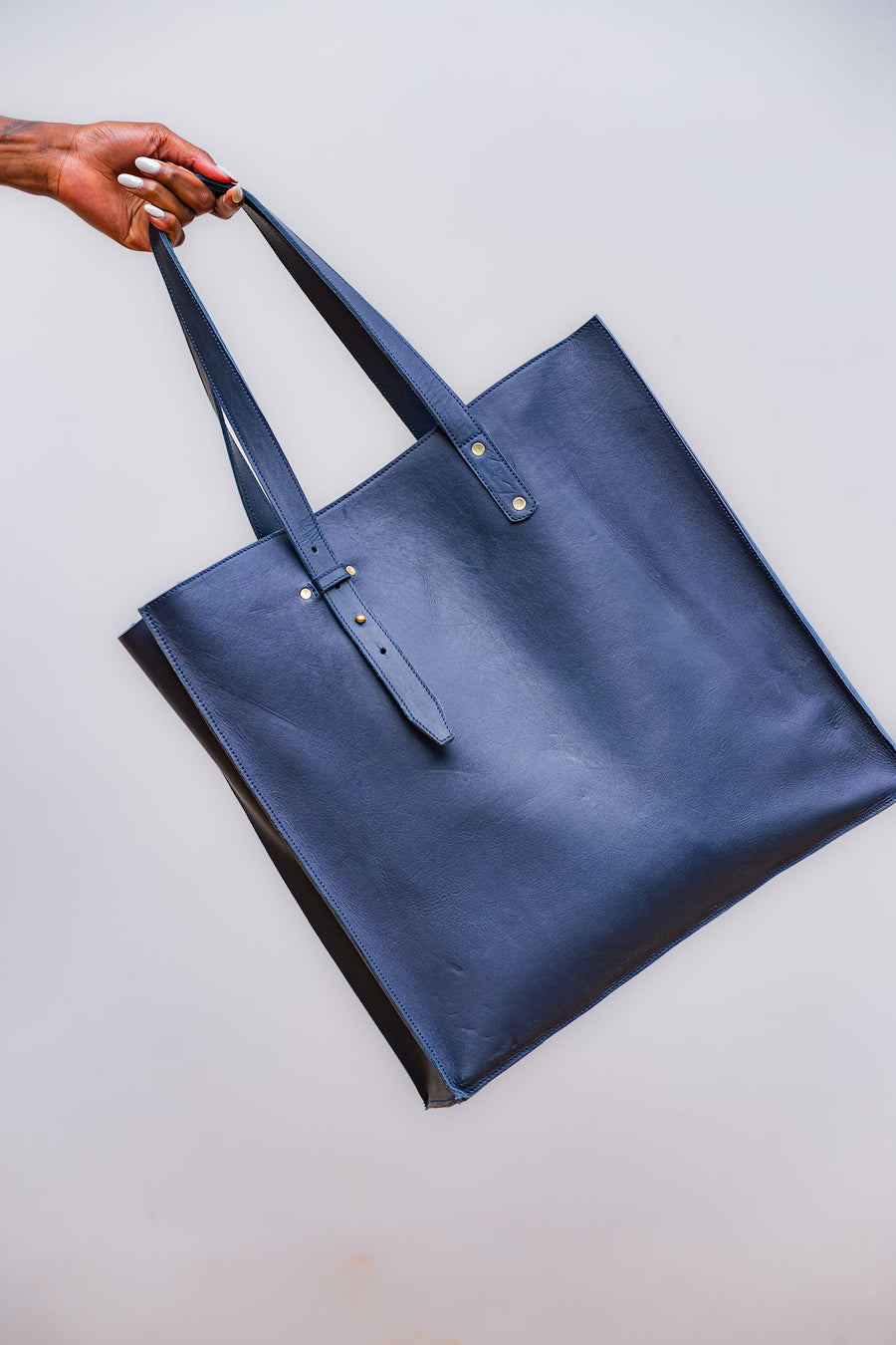 TUG Logo Double Strap Blue Leather Tote Bag