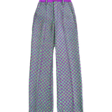 The Tsisti II purple and green high-waisted pants with a duchess satin belt