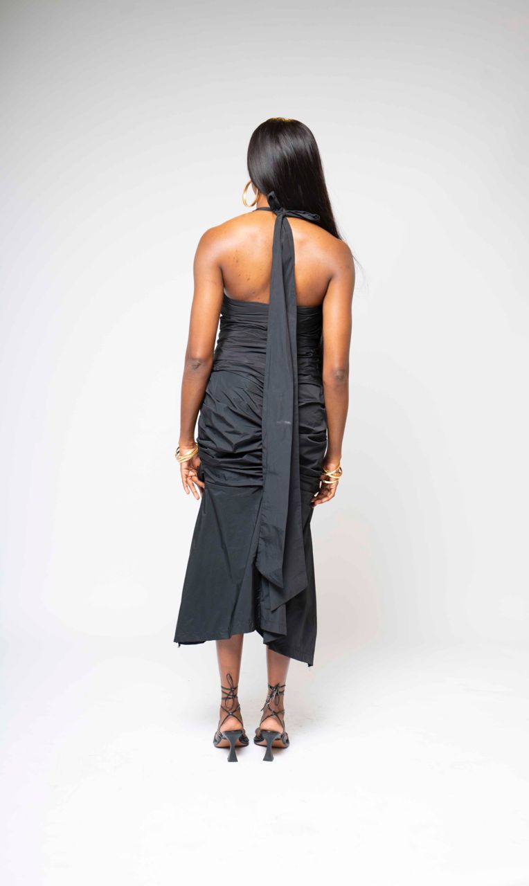 Nyosi Brand Cleo Halter Neck Gathered Plunge Maxi Dress