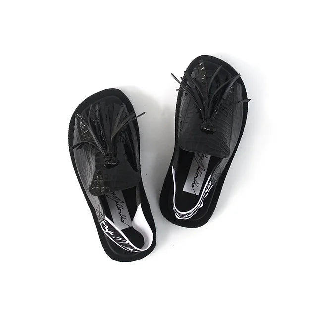 Loza Maleombho 1-inch platform with front tassel and back strap Handcrafted SENE CROC leather sandals