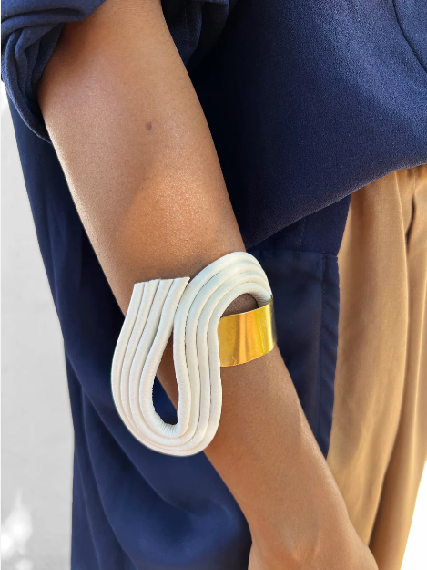 XITA White Odyssey bracelet with Brass and leather offcuts