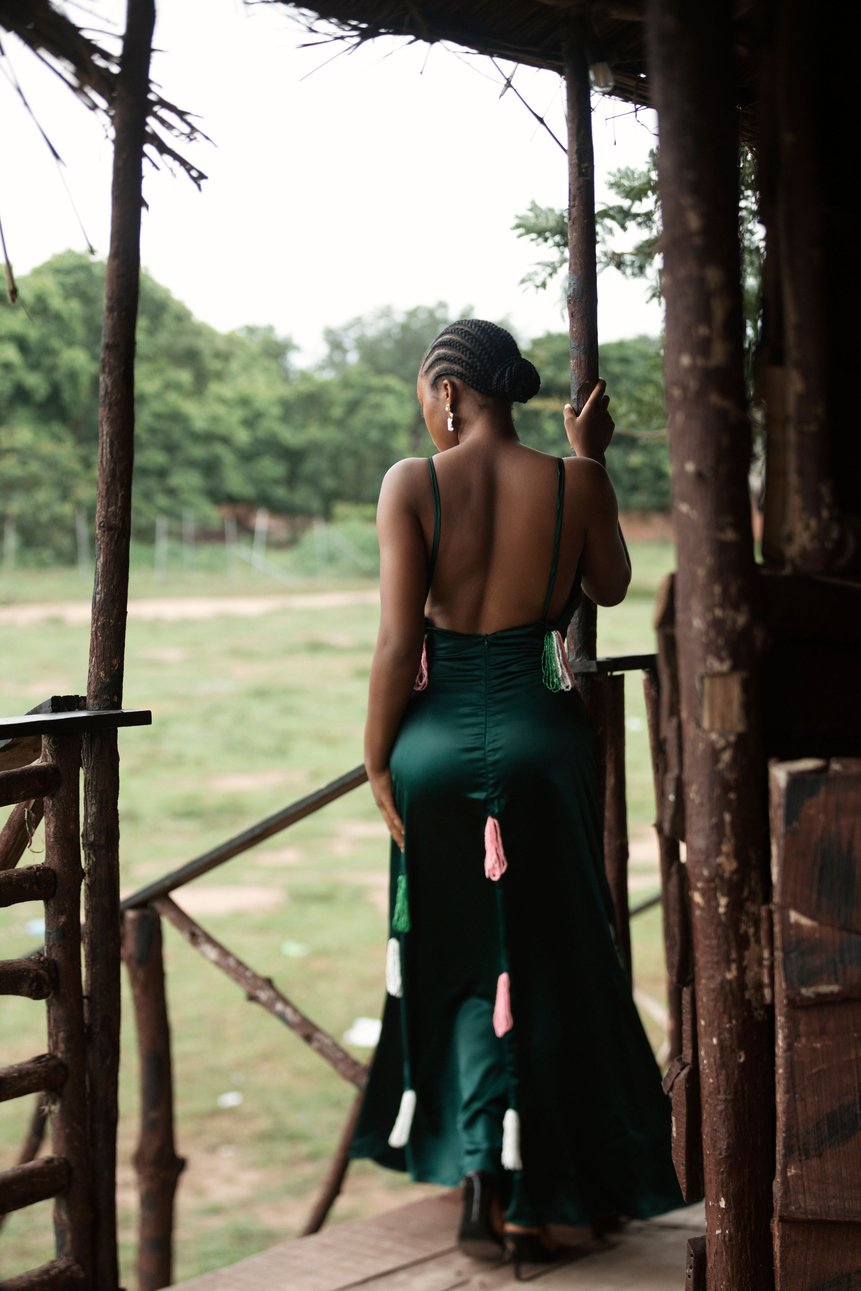 Ivory Afrikaan Iyun slip dress with cascading string beads