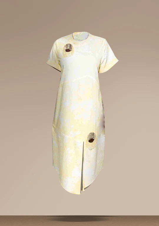 AGA CULTURE Doyin Boxy Midi Dress with Beaded Tassel Cut-out