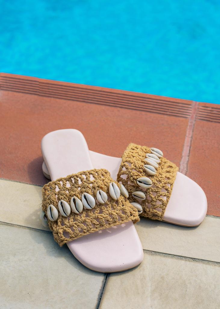 Kaia Nude Cowrie Crocheted Slides
