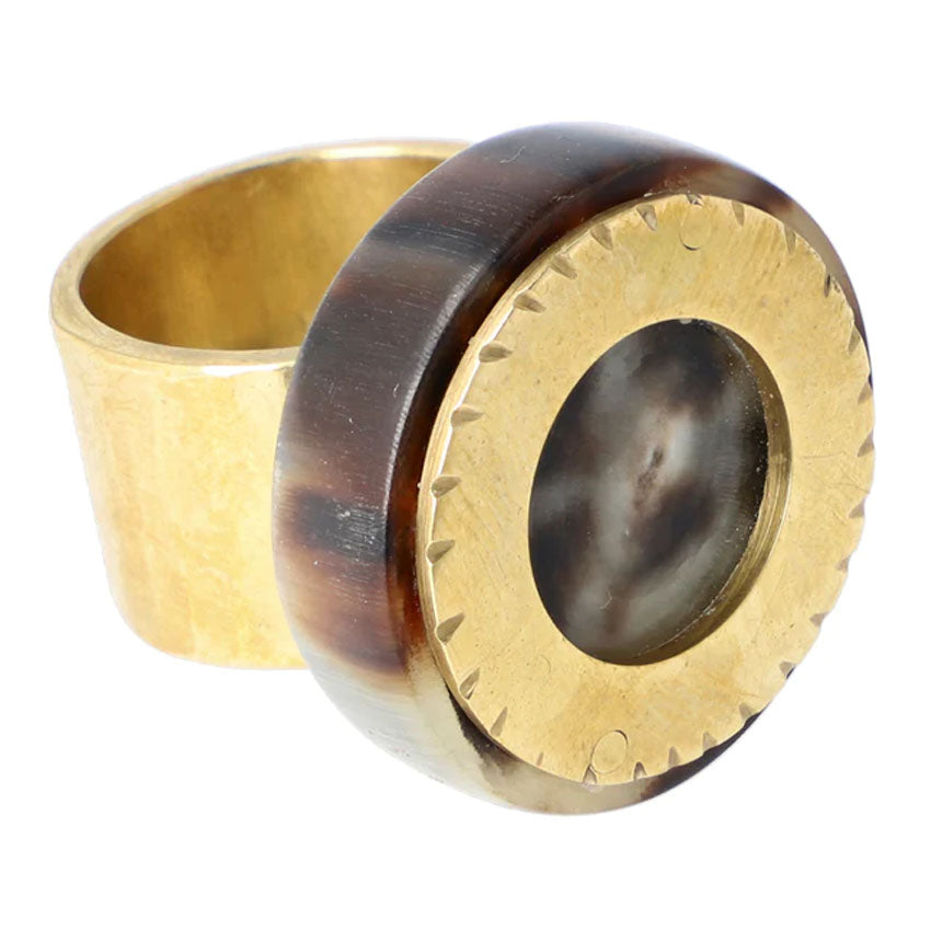 Glorious Round Embellished Brass Plaque Horn Ring