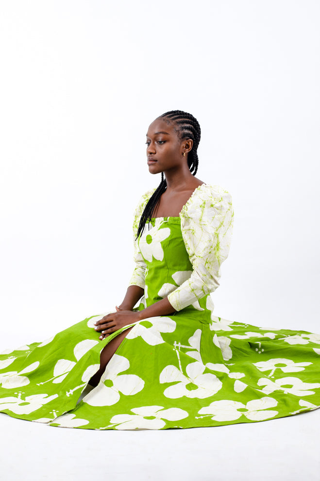 AGA CULTURE Nkem Green Crackle Marble Slit Maxi Dress