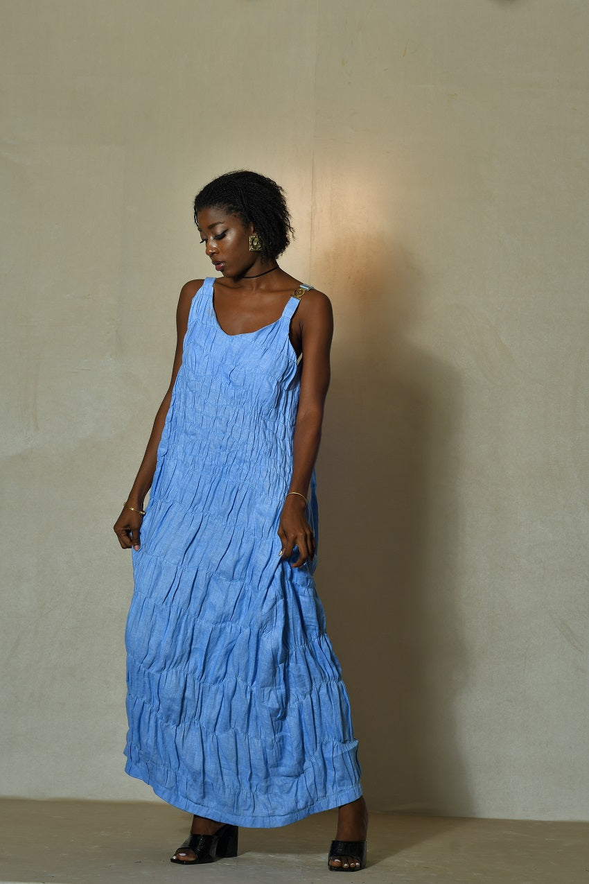 Malika Jour Blue Sleeveless Linen Dress