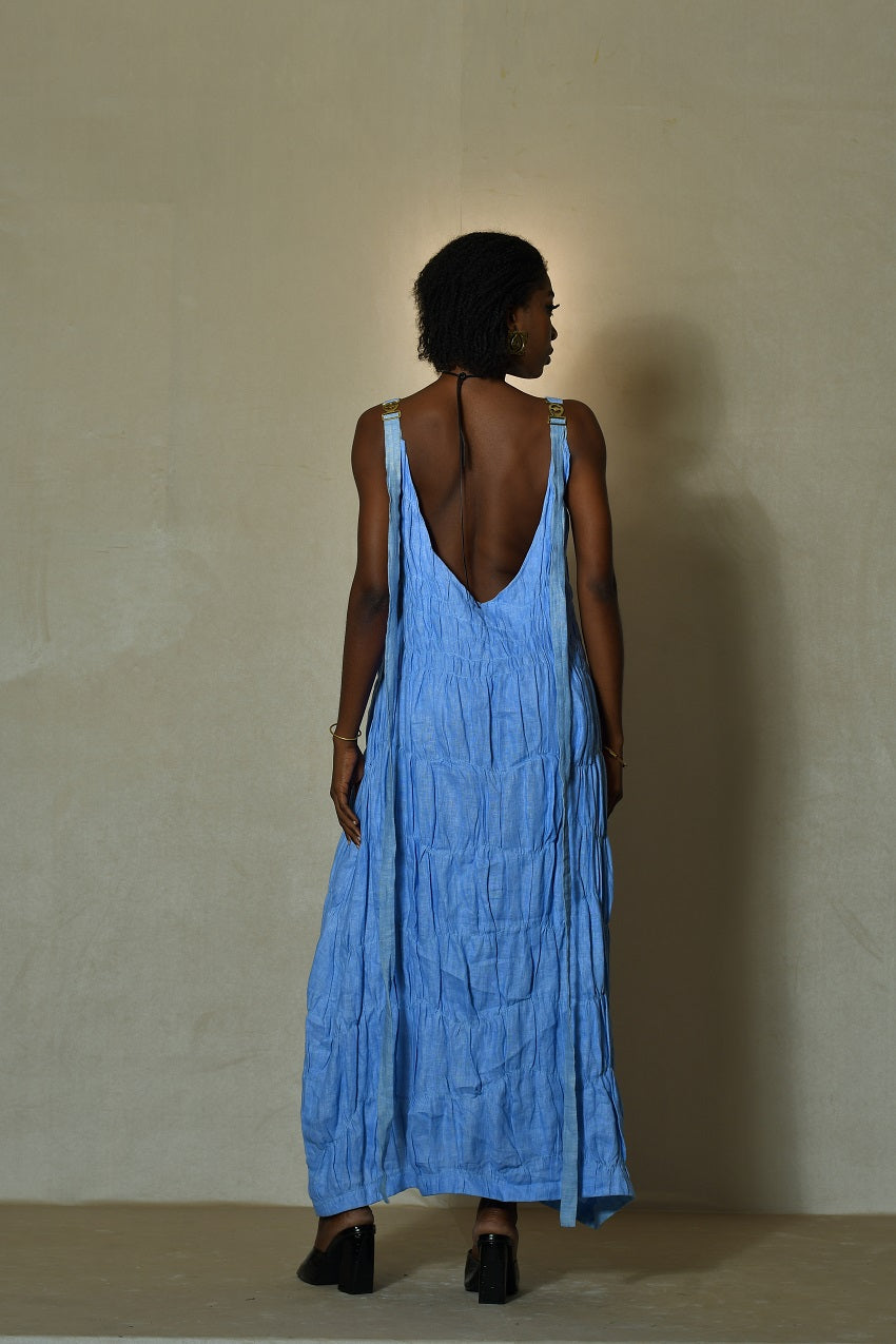 Malika Jour Blue Sleeveless Linen Dress