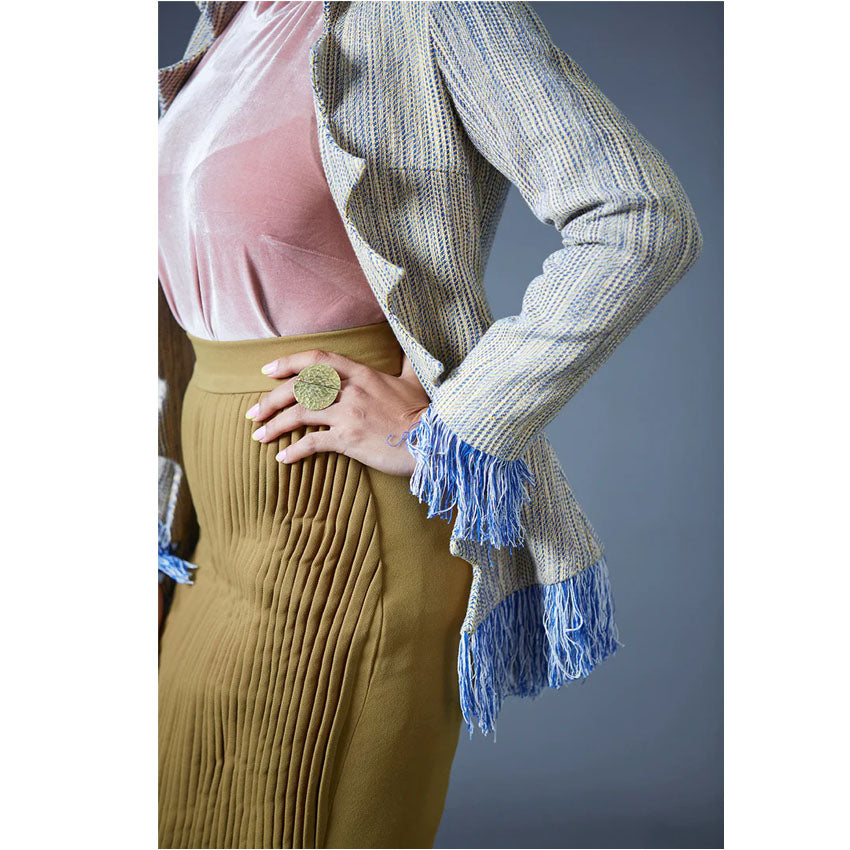 Sybil blouse with fringe jacket and smocked skirt