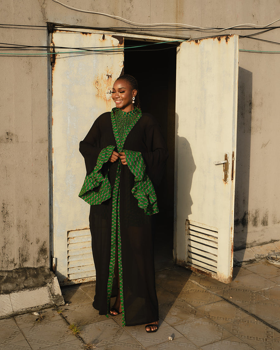 Amahle Black & Green Set:  Shirred Bodysuit + Flared Shorts + Kimono