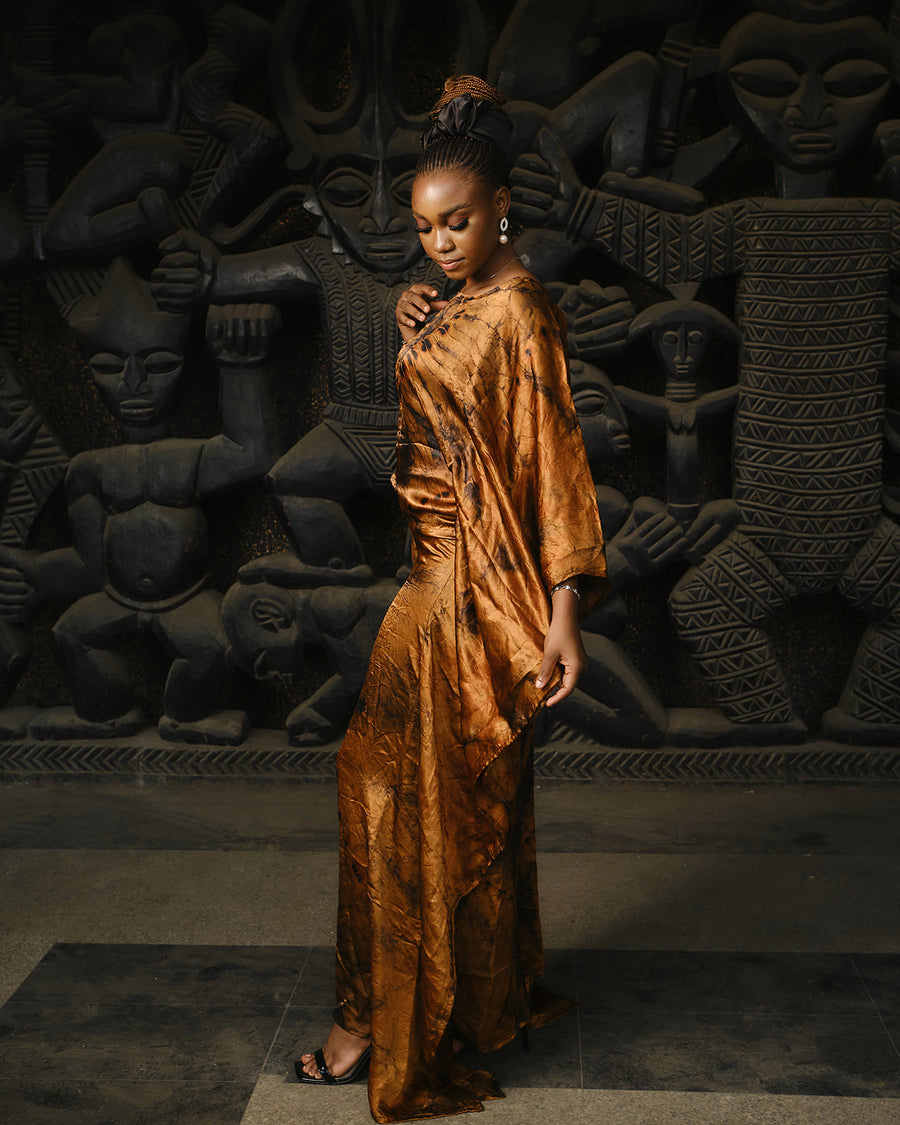 Bongani Golden Brown Silk Boubou Drapes Dress